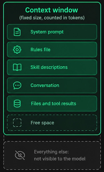 Diagram of a context window filled with a system prompt, rules file, conversation, tool results and free space