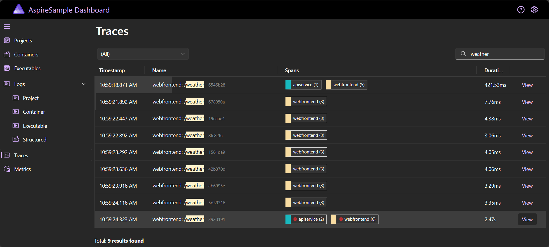 Aspire trace dashboard