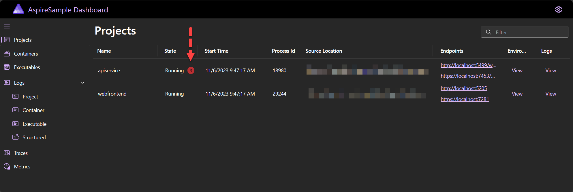 Aspire dashboard