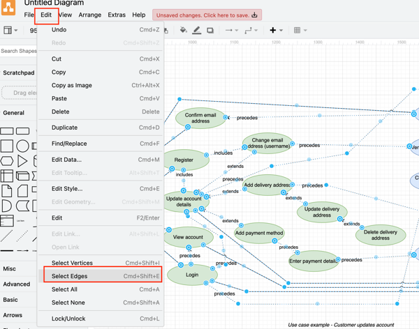 select edges draw.io